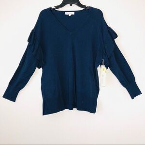 NWT Two by Vince Camuto Women Navy Blue Shoulder Ruffle Pullover Sweater size S